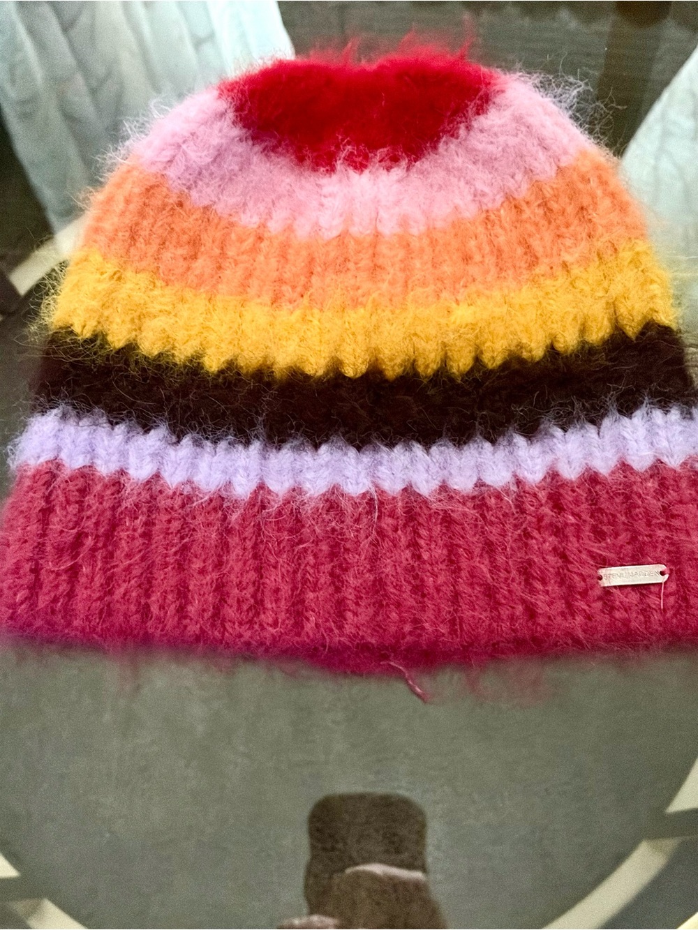 Steve Madden Multicolor Fuzzy Stripe Beanie - Red, Pink, Orange, Yellow, Brown